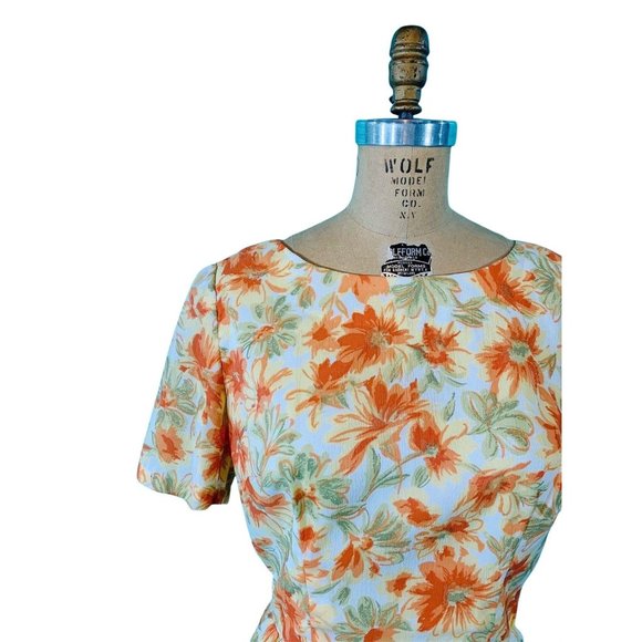 Vintage 1960s Sheath Dress Orange Floral Mid Century Pin Up | W 29" - Picture 5 of 10